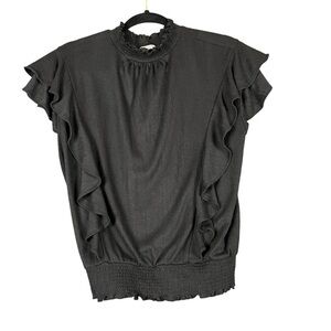 Loft Black Pointelle Ruffle Mock Neck Knit Top